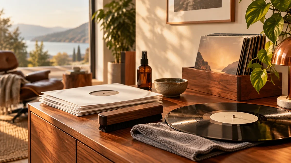 Schallplatten werden bei gutem Licht auf ihren Zustand geprüft