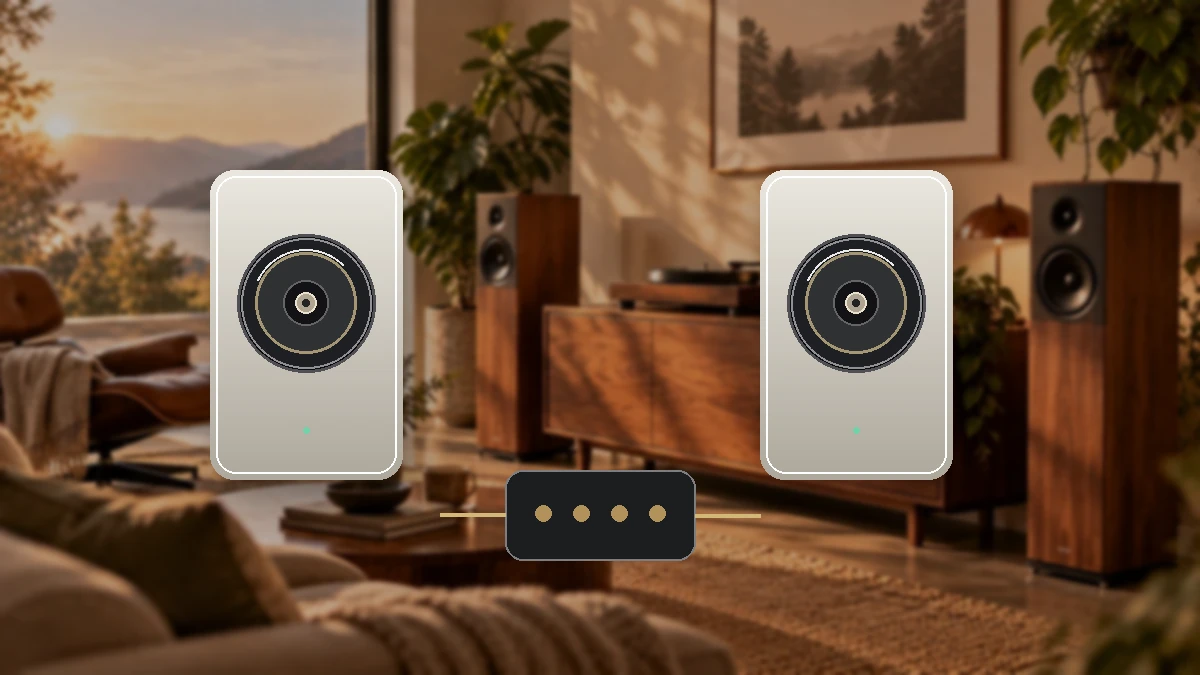 Redaktionelle Visualisierung eines kompakten KEF LSX II LT Aktivlautsprecher-Setups