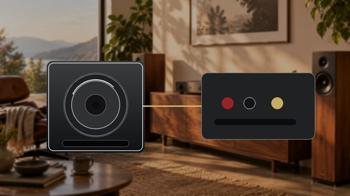Redaktionelle Visualisierung eines großen Klipsch RP-1000SW Bassreflex-Subwoofers im HiFi-Wohnzimmer