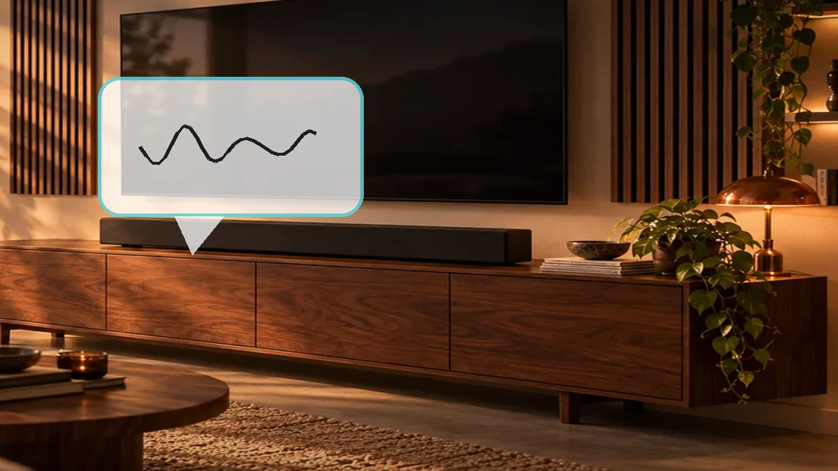 Soundbar unter einem Fernseher mit hervorgehobener Sprachwellenform