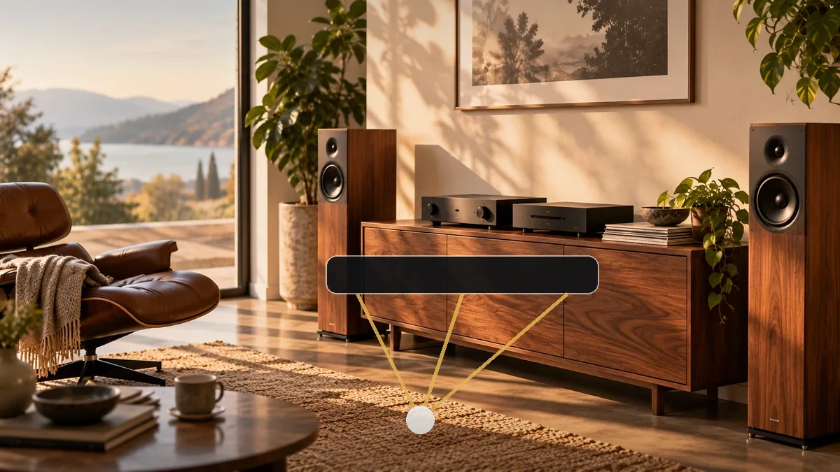 Soundbar-Aufstellung mit visualisierten Abständen und Hörposition im Wohnzimmer